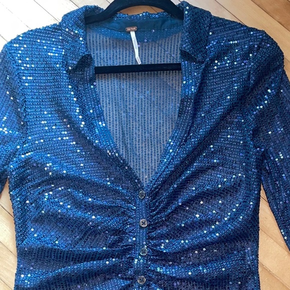 FREE PEOPLE Sequin Shirtee Varsity Navy Top Blouse Semi Sheer Boho Revolve - Picture 2 of 15
